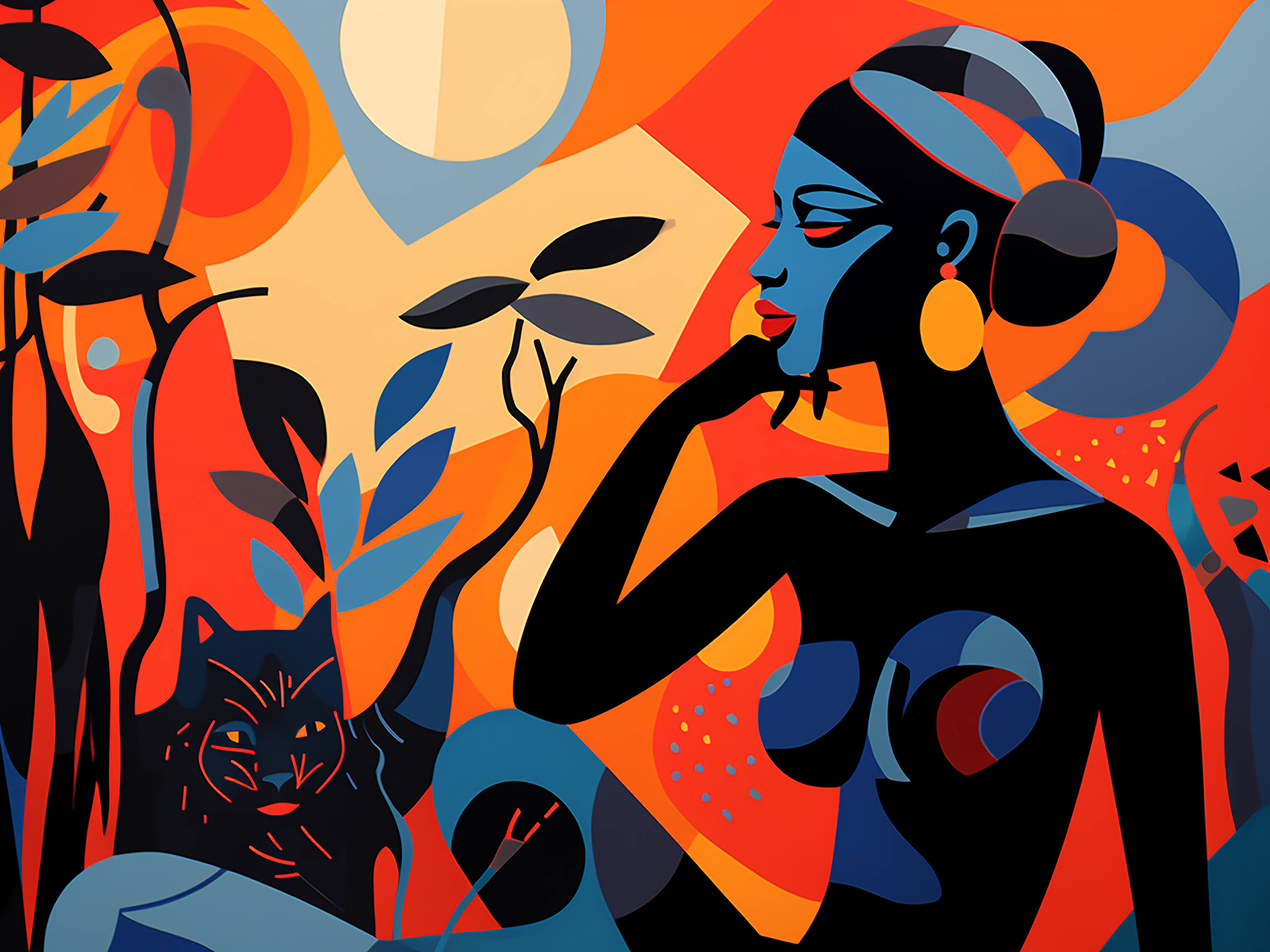 African woman and panther, 60x80 cm, original acrylic painting on canvas