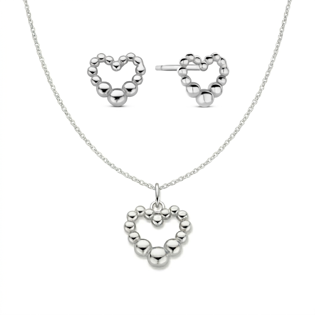 Elegantes Schmuckset aus 925er Silber – Herz Dots (Collier + Ohrstecker) – rhodiniert