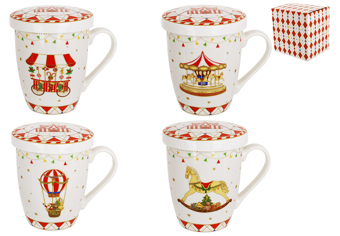 Кухоль порцеляновий 340мл з металевим фільтром та кришкою Зимова казка, K129