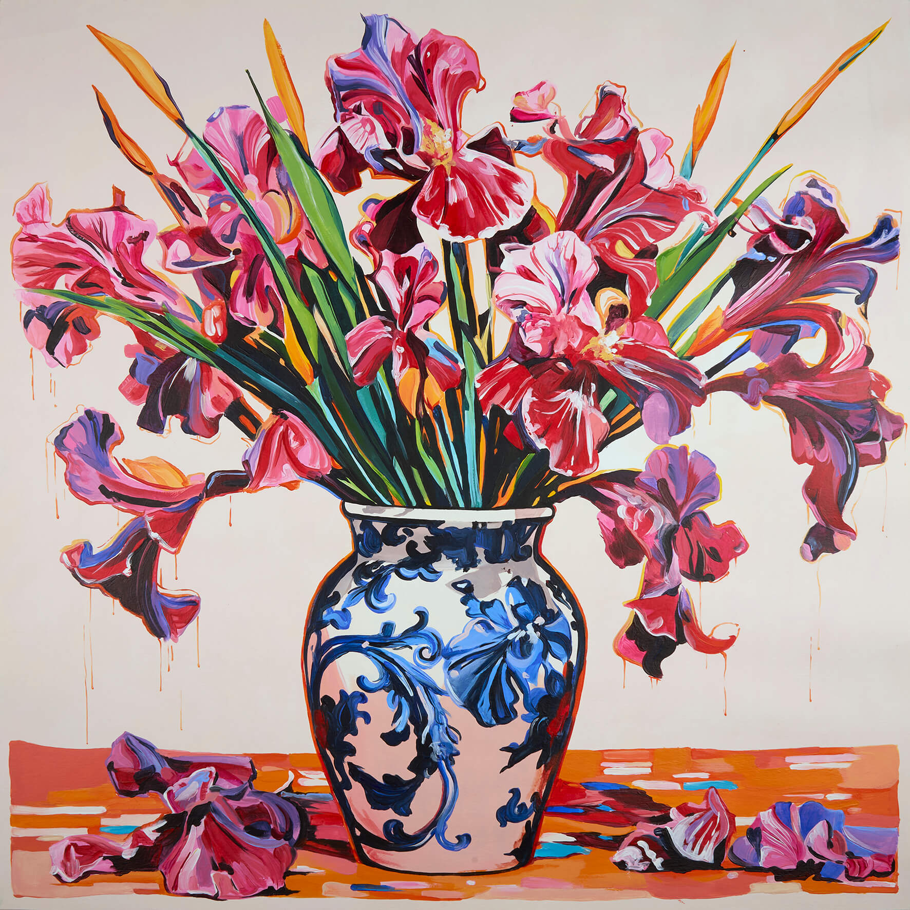 Irises in a porcelain vase, 50x50 cm original acrylic painting on paper-copy