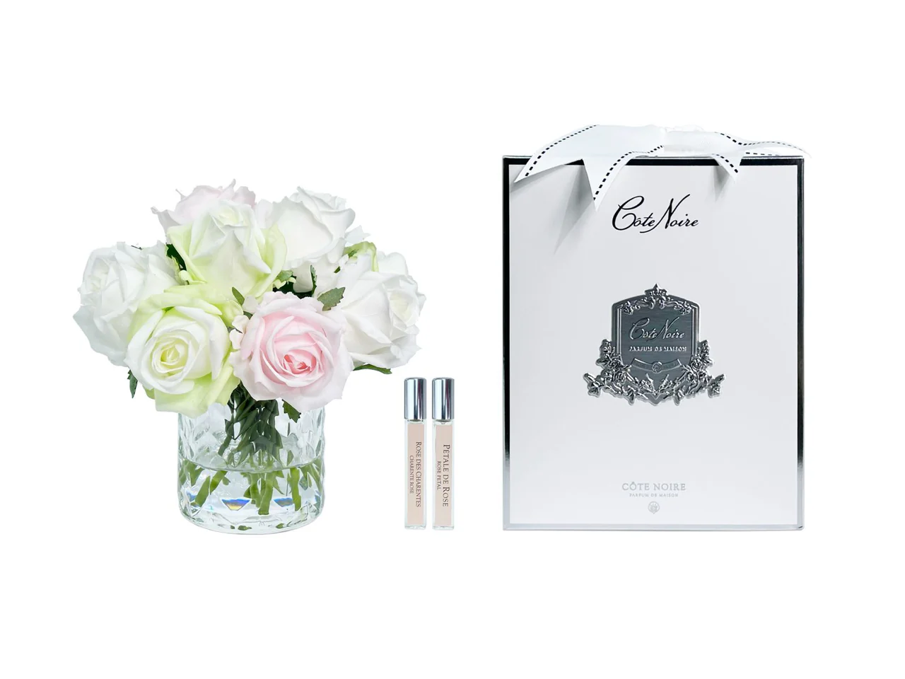 Аромаквіти Cote Noire рожеві/зелені/білі троянди у вазі Ялинка