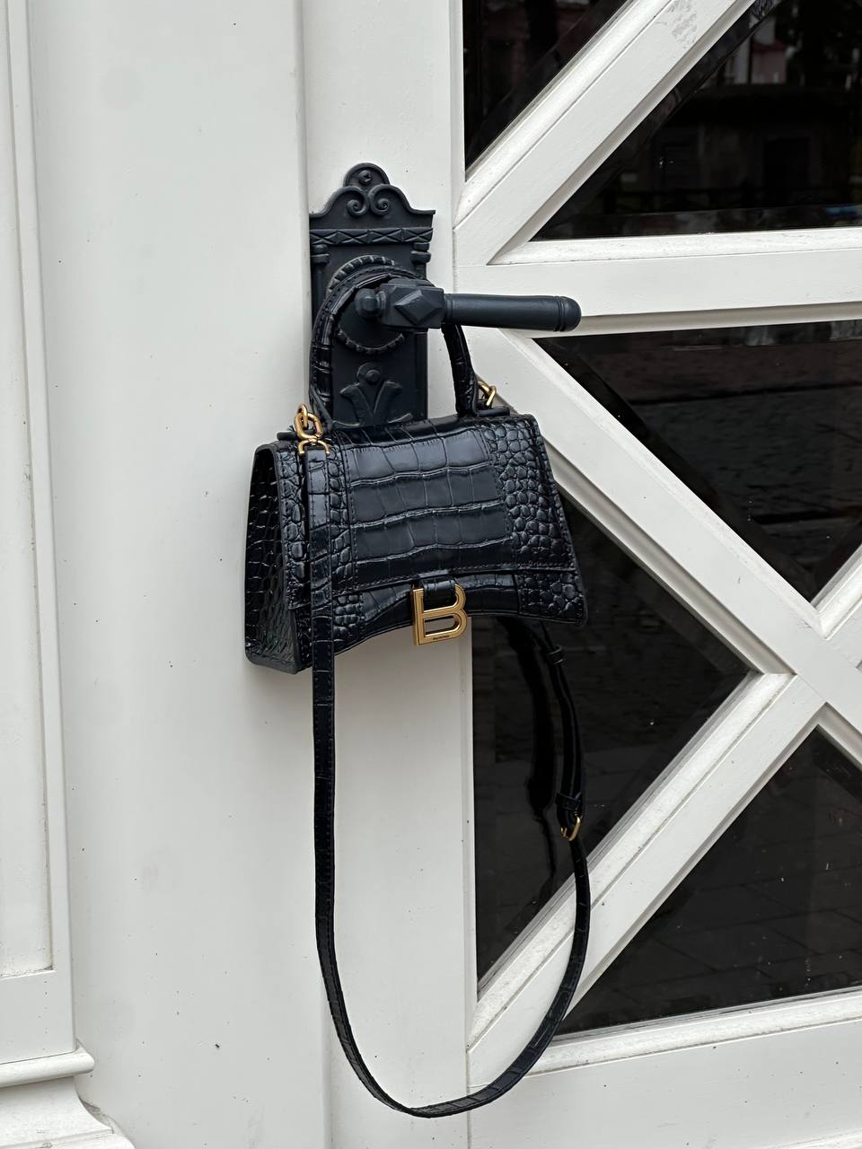Balenciaga Hourglass Xs Handbag Crocodile Embossed in Black