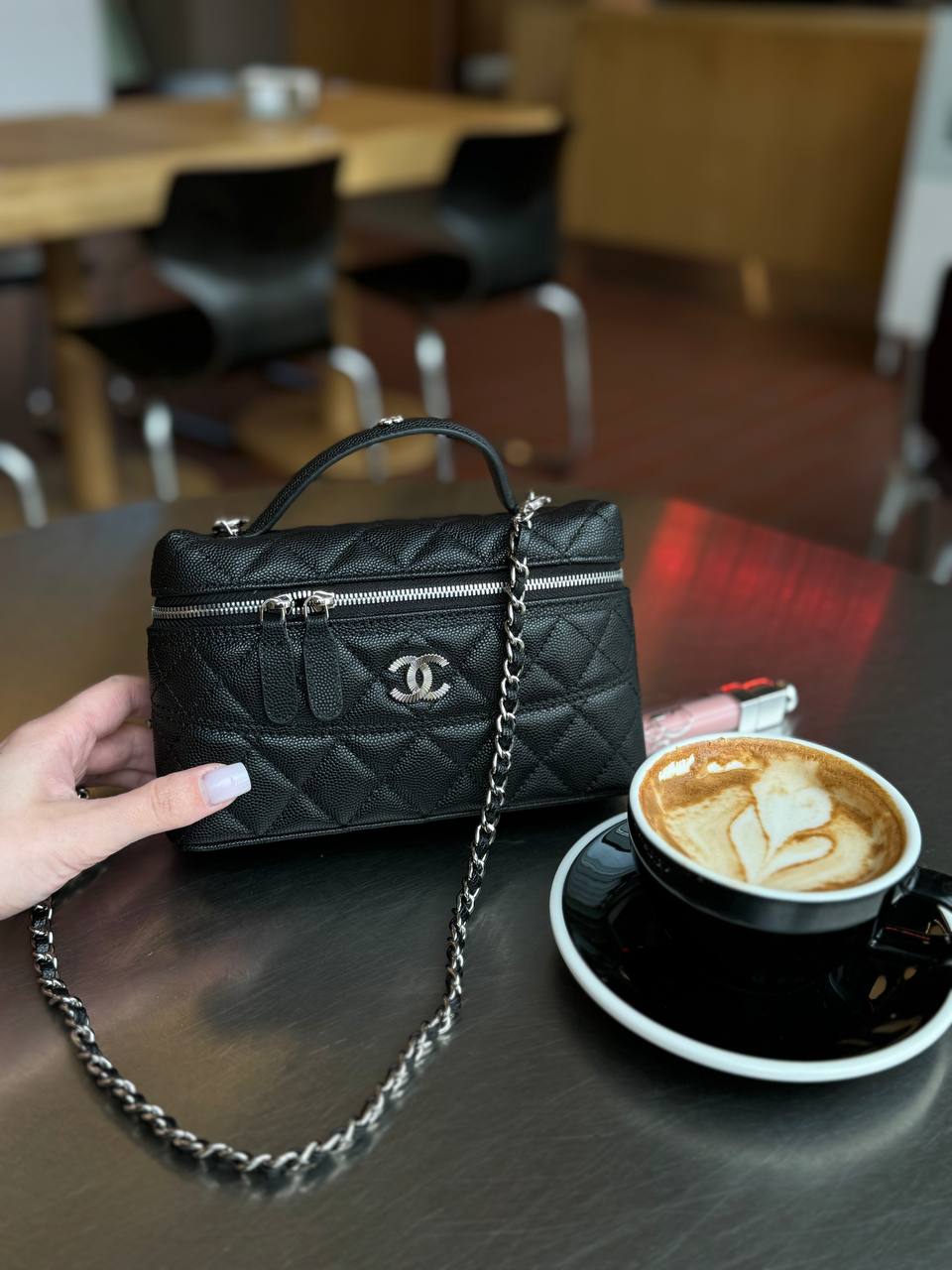 Chanel Caviar Quilted CC Top Handle Long Vanity With Chain Black