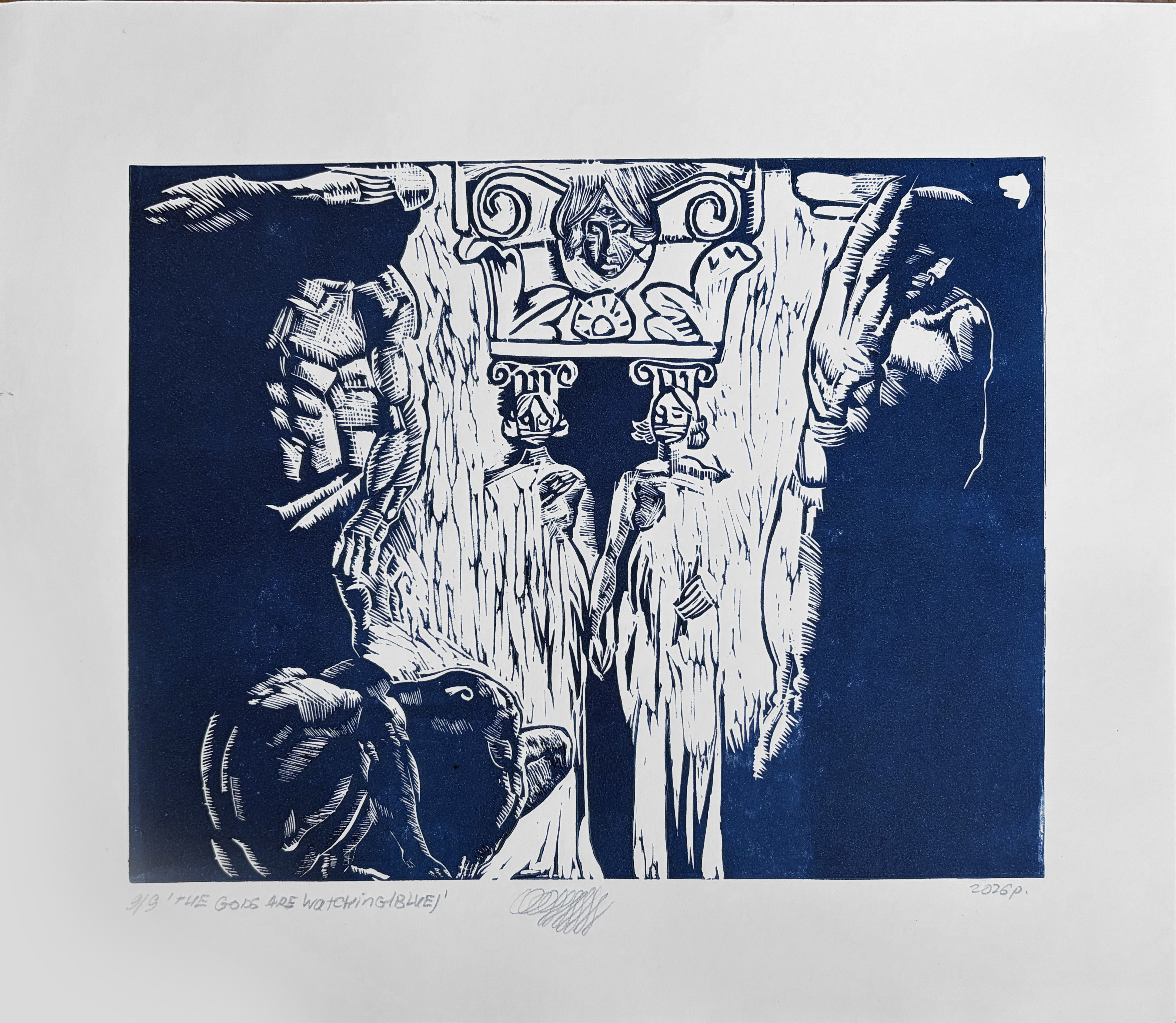 Linocut `The Gods Are Watching (Blue)`