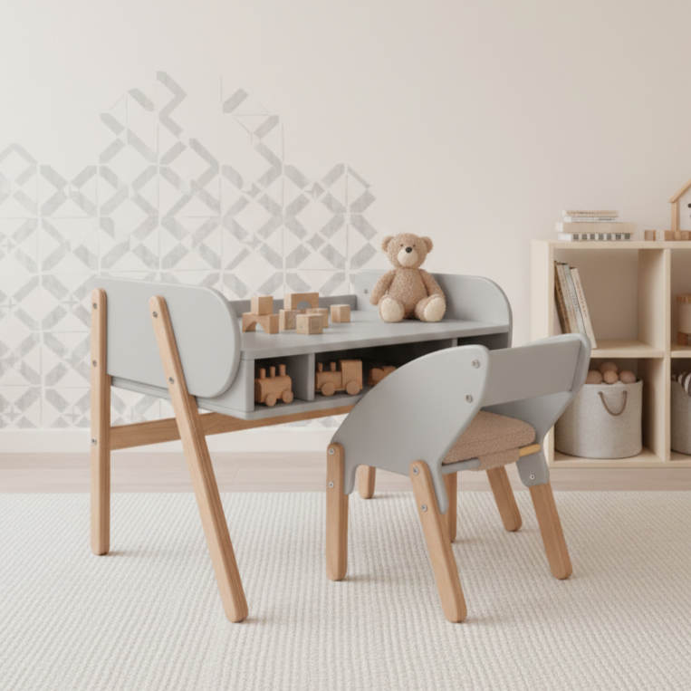Дитячий столик і стільчик регульований по висоті деревяний дизайнерський Брунька світло-сірий