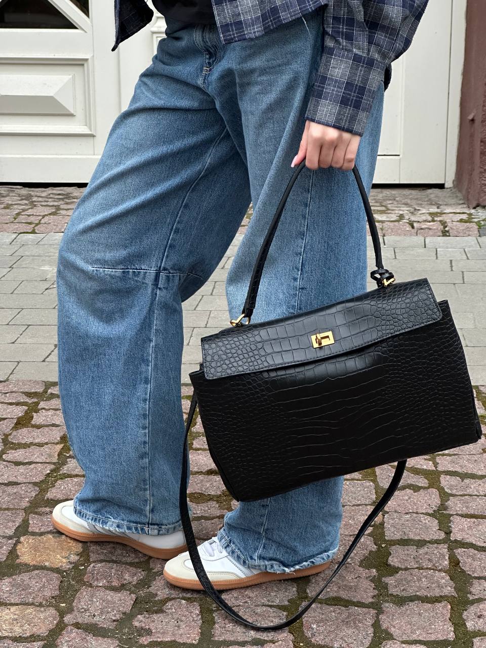 Balenciaga Rodeo Large Crocodile Embossed Black/Gold