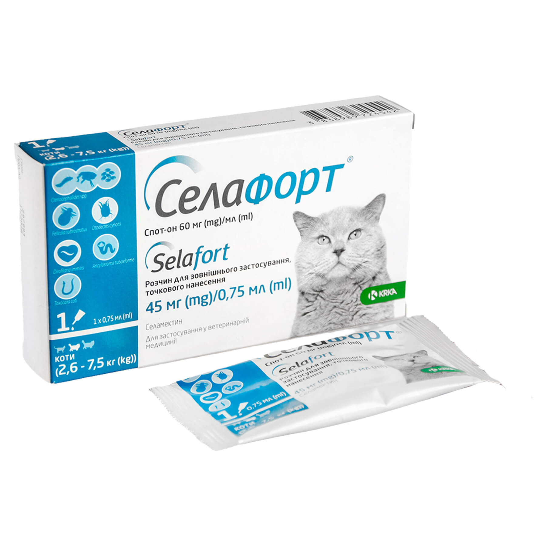 Краплі Селафорт для котов, спот-он 45мг (2,6-7,5 кг) №1 (аналог Стронгхолда)