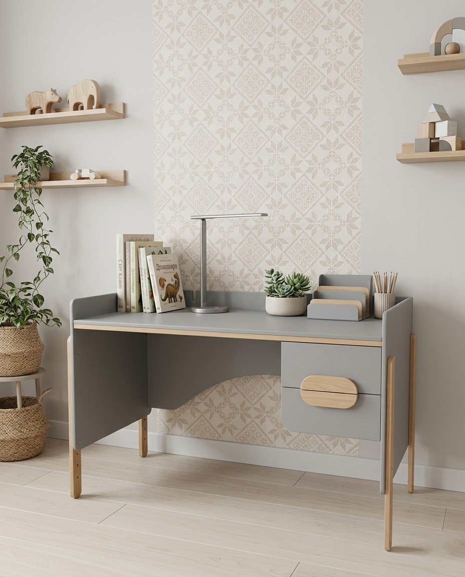 Зростаючий письмовий дерев'яний стіл з колекції Брунька дизайнерський для школяра регульований по висоті з ящиками Натуральний/темно-сірий