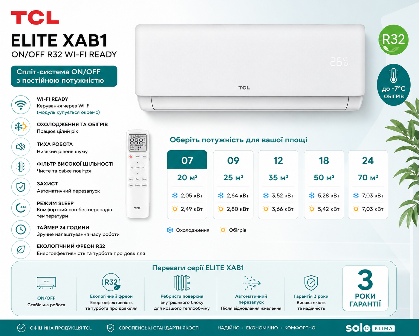 Кондиціонер TCL ELITE XAB1 ON/OFF R32 Wi-Fi Ready 70 м² (TAC-24CHSA/XAB1)