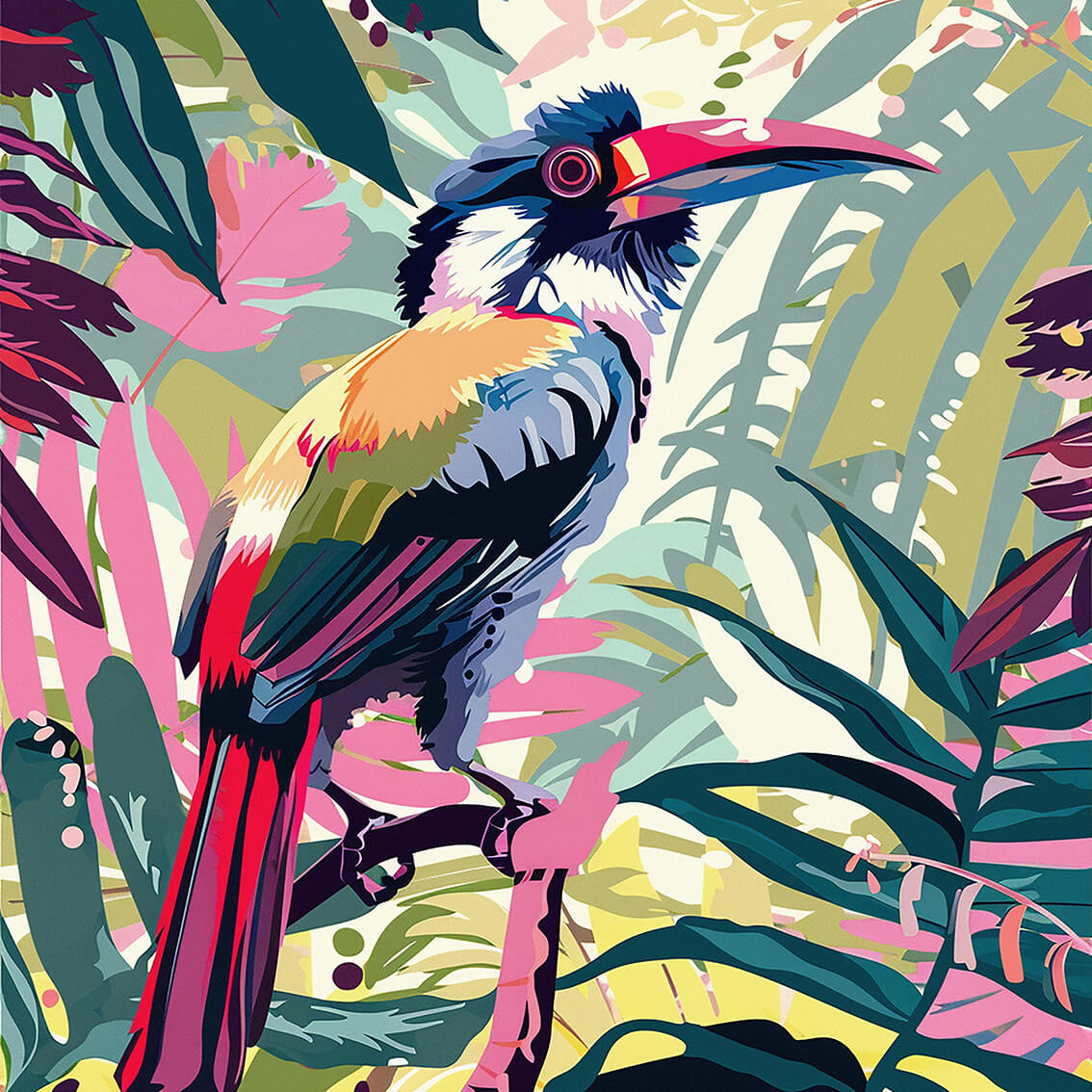 Tropical bird IV, 80x80 cm, original acrylic painting on canvas