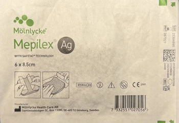 6×8.5 см. Mepilex ag (мепілекс аг )  сорбаційна пов'язка зі сріблом.