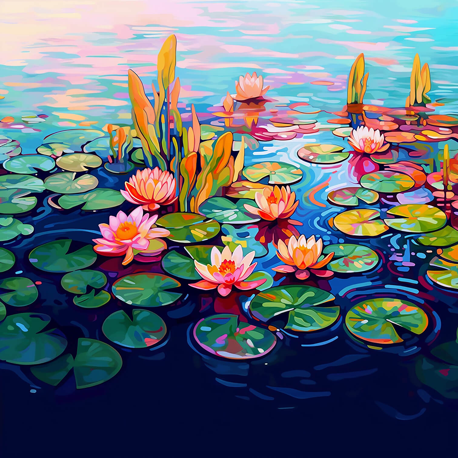 Water lilies III, 80x80 cm, original acrylic painting on canvas