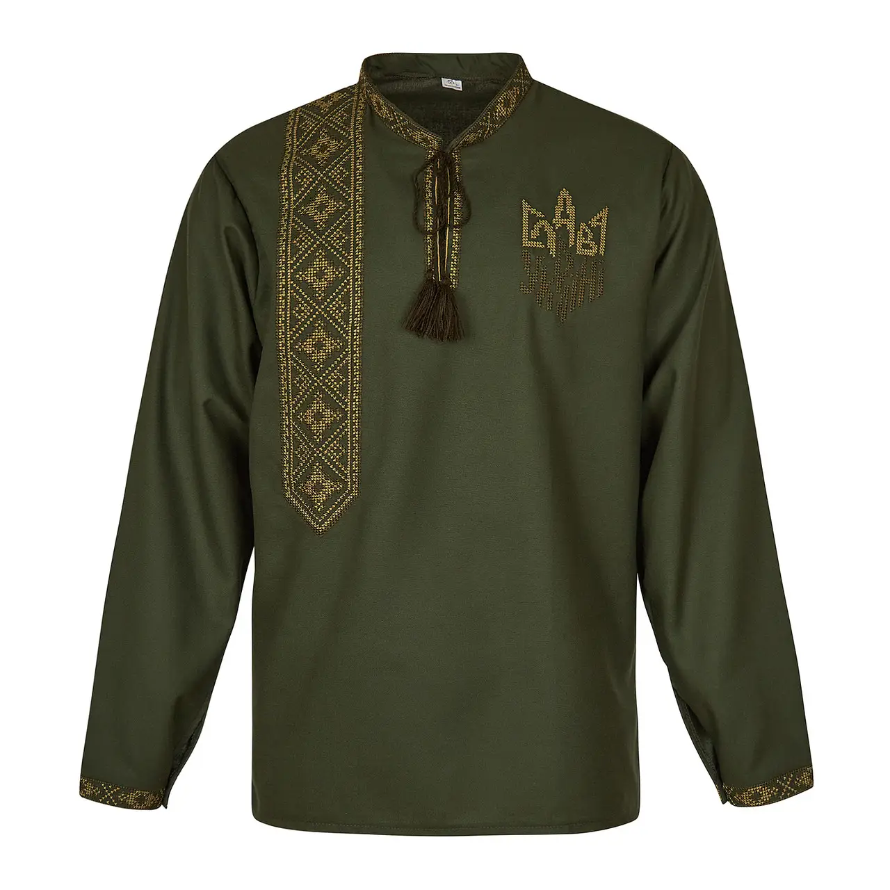 Вишита чоловіча сорочка зелений льон з гербом