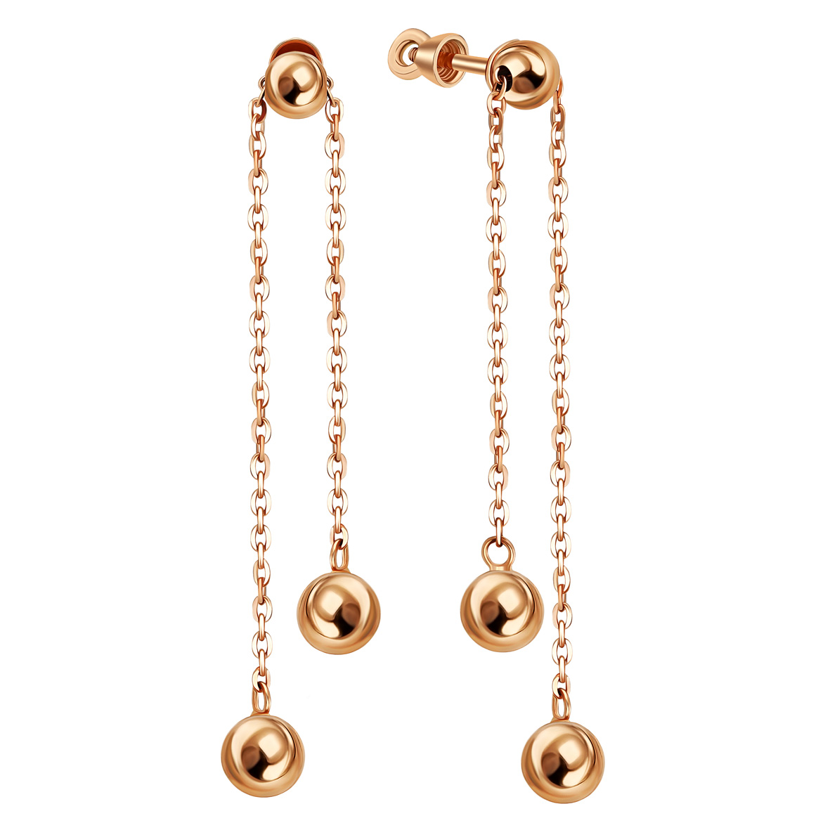 Aurelia Swing – Lange Ohrstecker aus 585er Rotgold mit Kugelanhängern