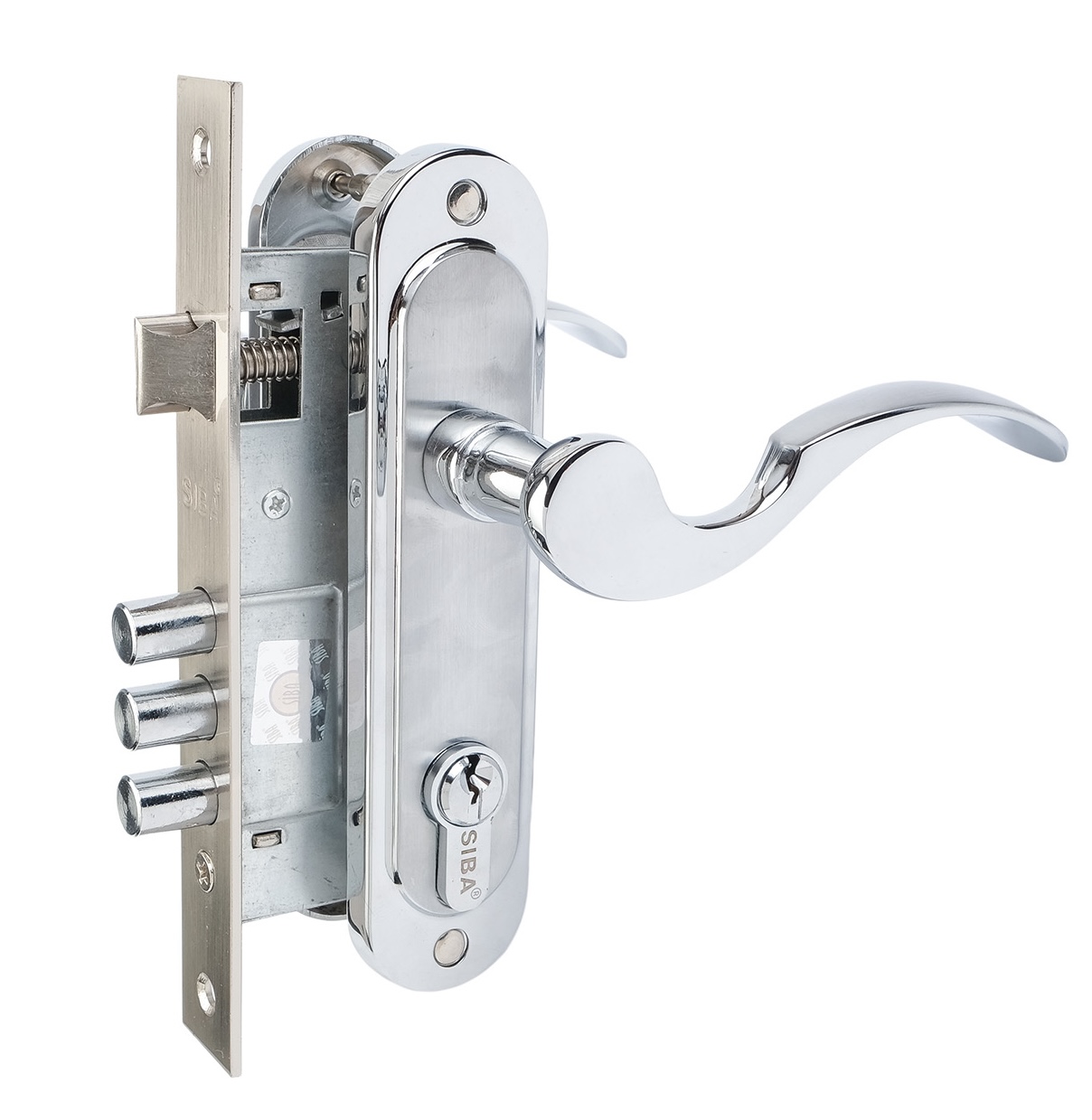 Комплект врізного замку з ручками SIBA Osimo 62 мм з циліндром, матовий хром/хром