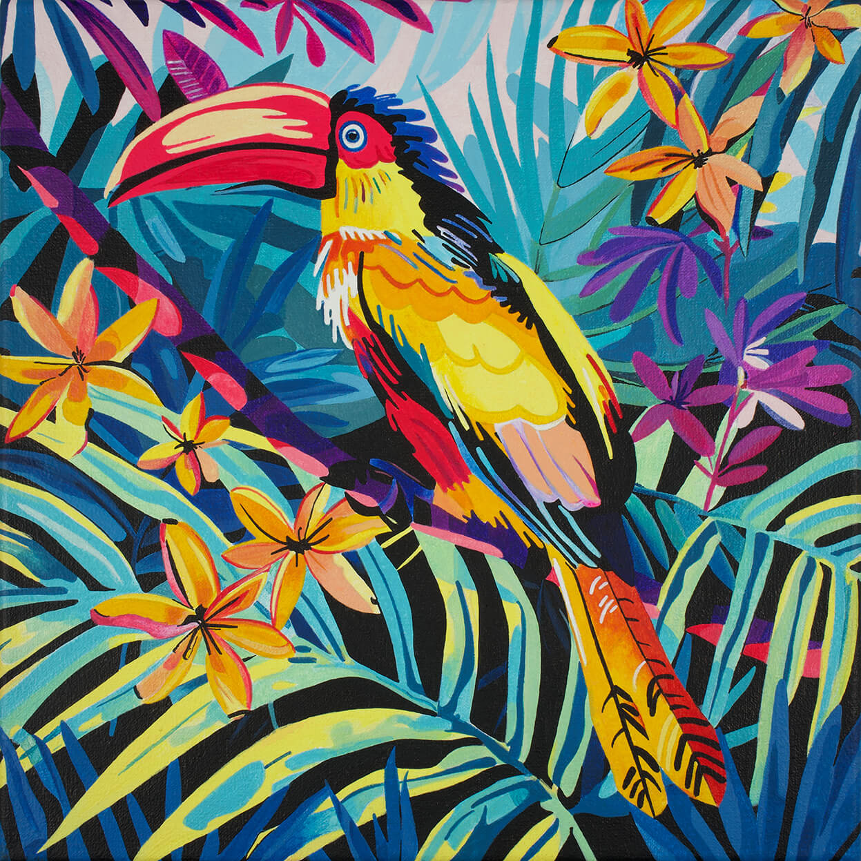 Bird in a rainforest IV, 25x25 cm, original acrylic painting on canvas