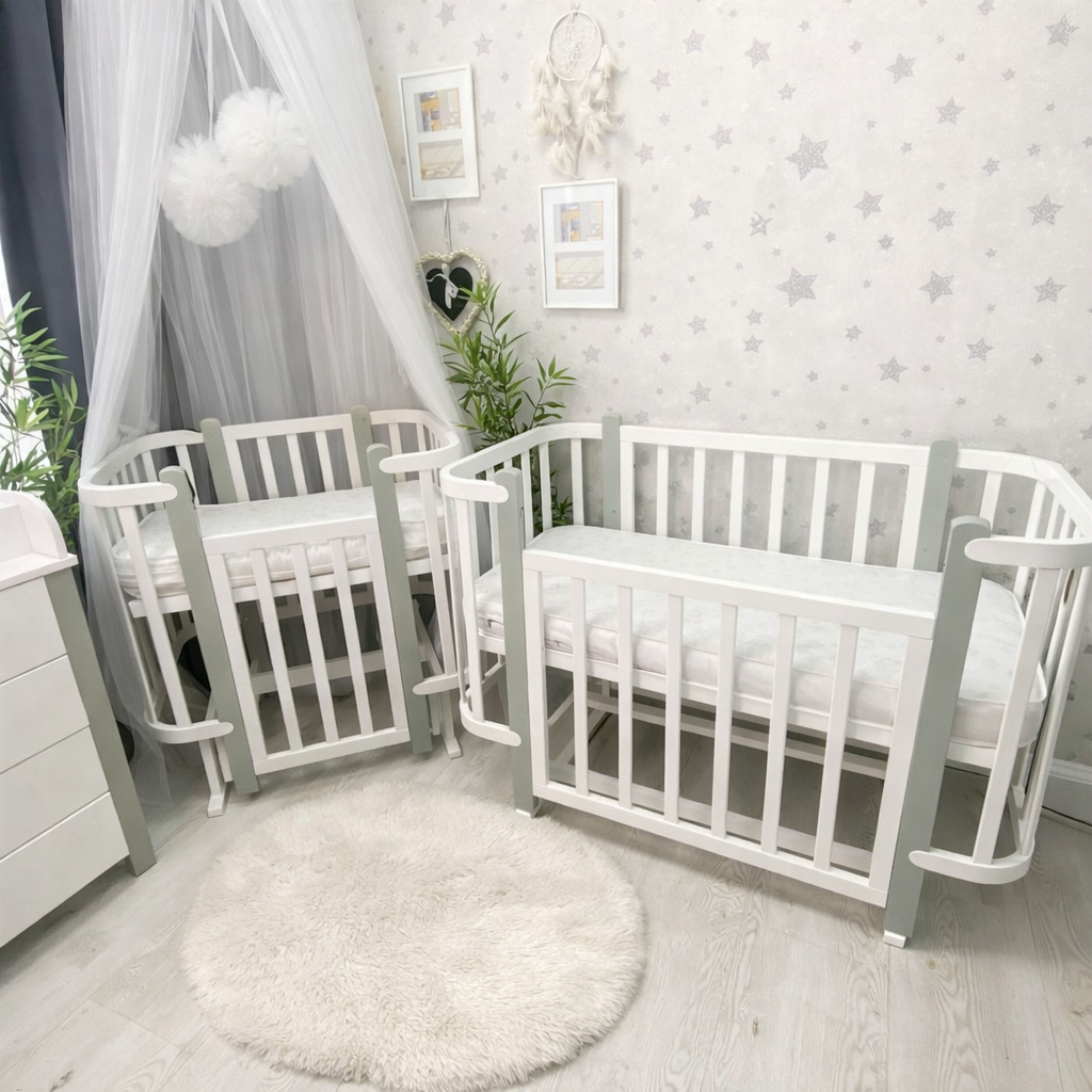 Ліжечко Престиж трансформер з матрасами, маятником та колесами біле/сіре