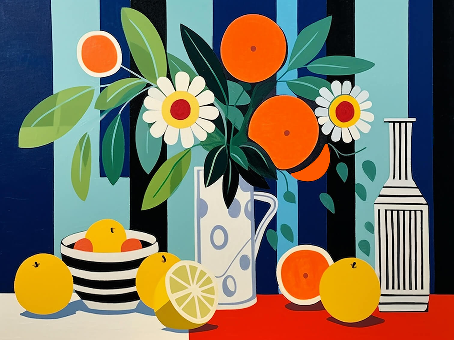 Still life with striped wallpaper, 60x80 cm, painting on canvas