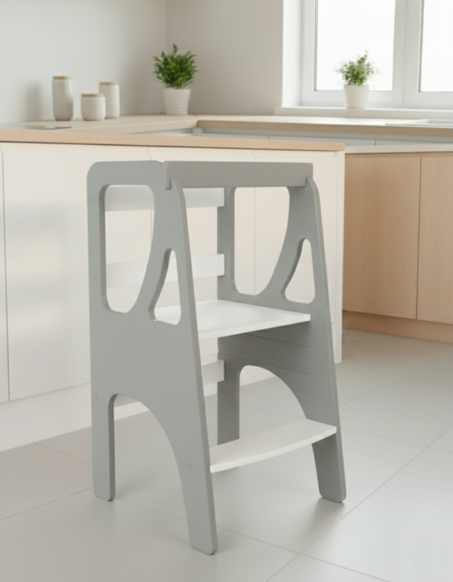 Вежа помічника Монтессорі дизайнерська регульована по висоті дерев'яна FunEra - Темно-сіро/біла