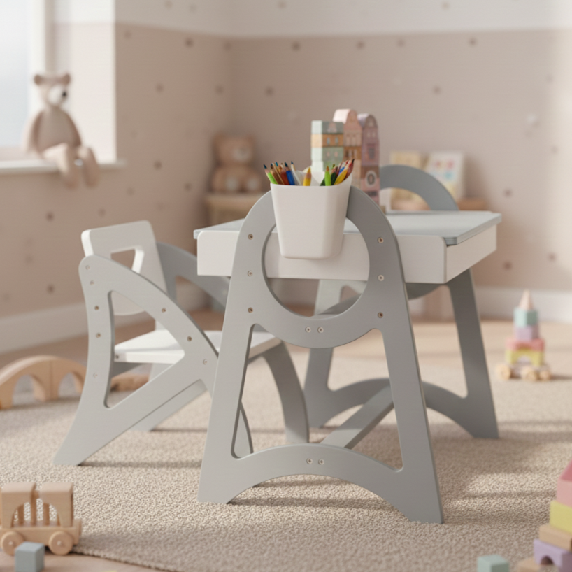 Дитячий столик і стільчик регульований по висоті деревяний дизайнерський з сенсорним коробом та грифельною дошкою Пелікан Темно-сіро/білий