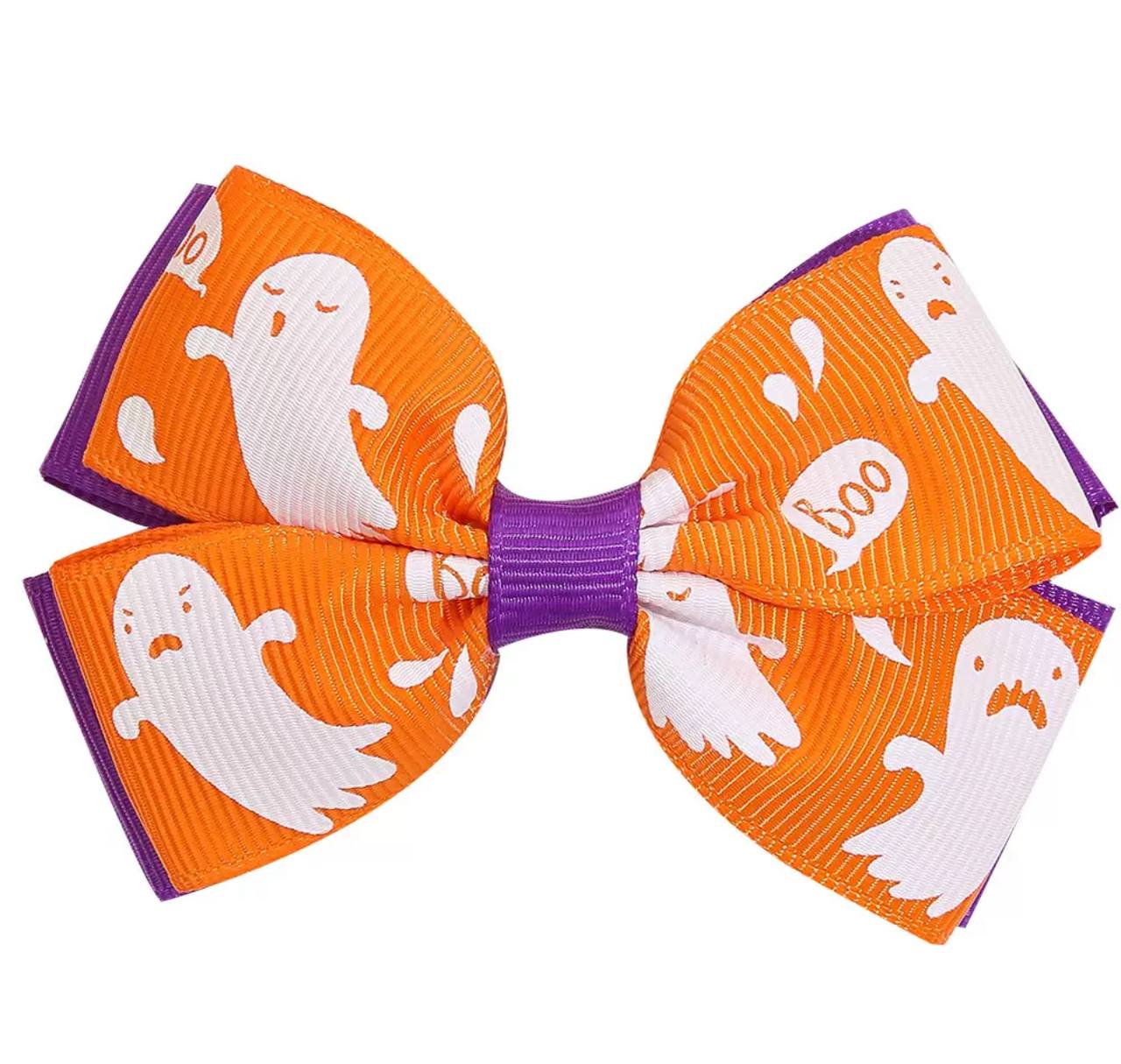 Заколка бант помаранчева з привидом на Хелловін, Halloween, 1 шт
