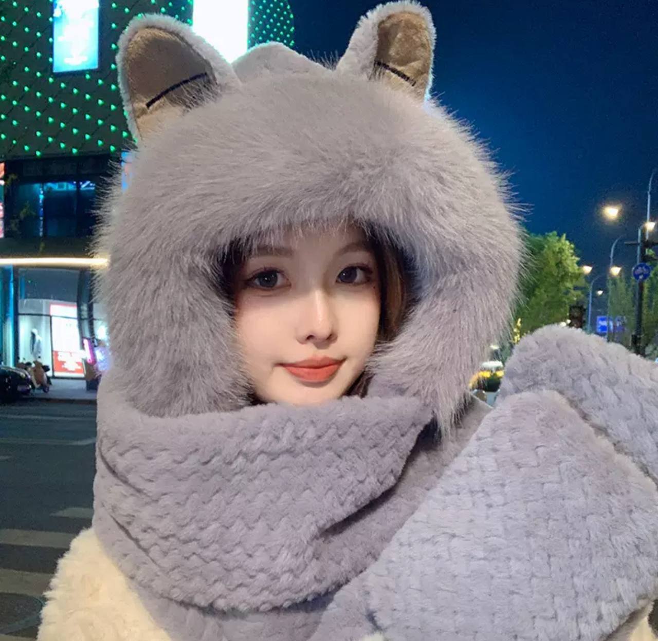 Шапка шарф Лисичка Сіра з подовженим шарфом та рукавичками