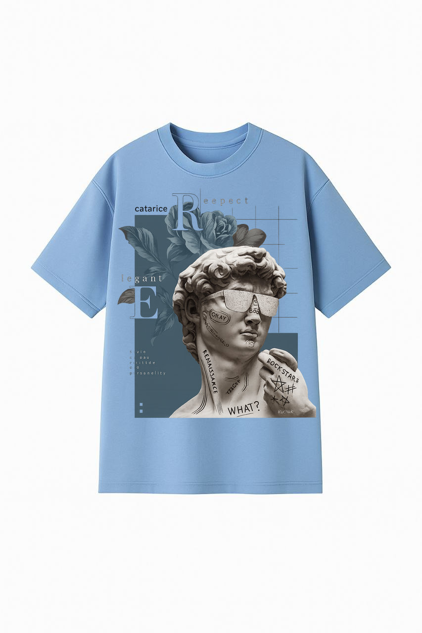 ФУТБОЛКА ОВЕРСАЙЗ БЛАКИТНА З ПРИНТОМ "ЕЛЕГАНТ"