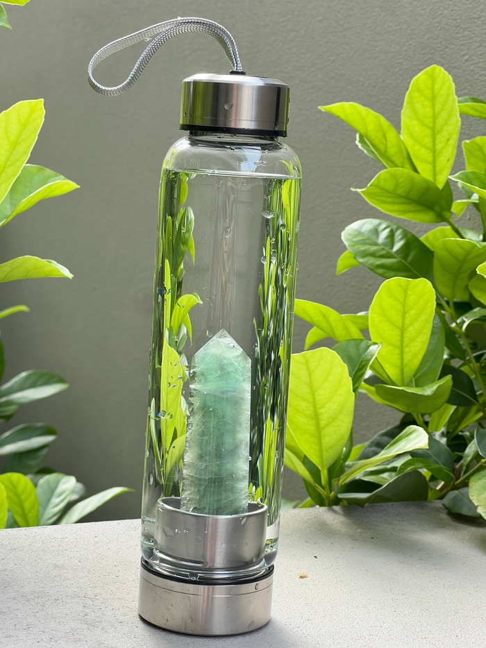 Water bottle with Natural Crystal Point Healing green fluorite! 