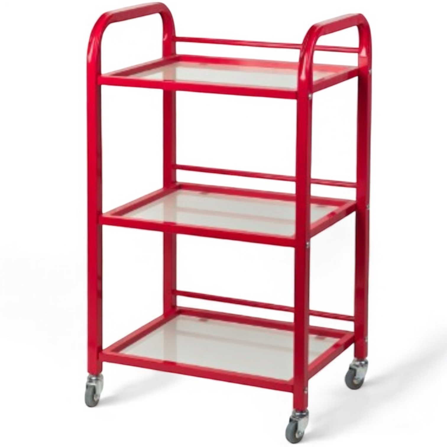 Візок косметологічний маніпуляційний з трьома полицями, малиново-червоний,скло:сатин/бронза