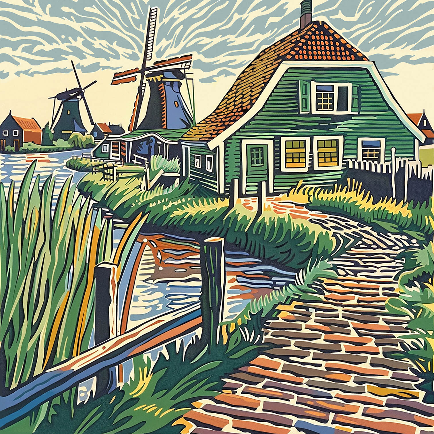 Zaanse Schans, 80x80 cm, original acrylic painting on canvas