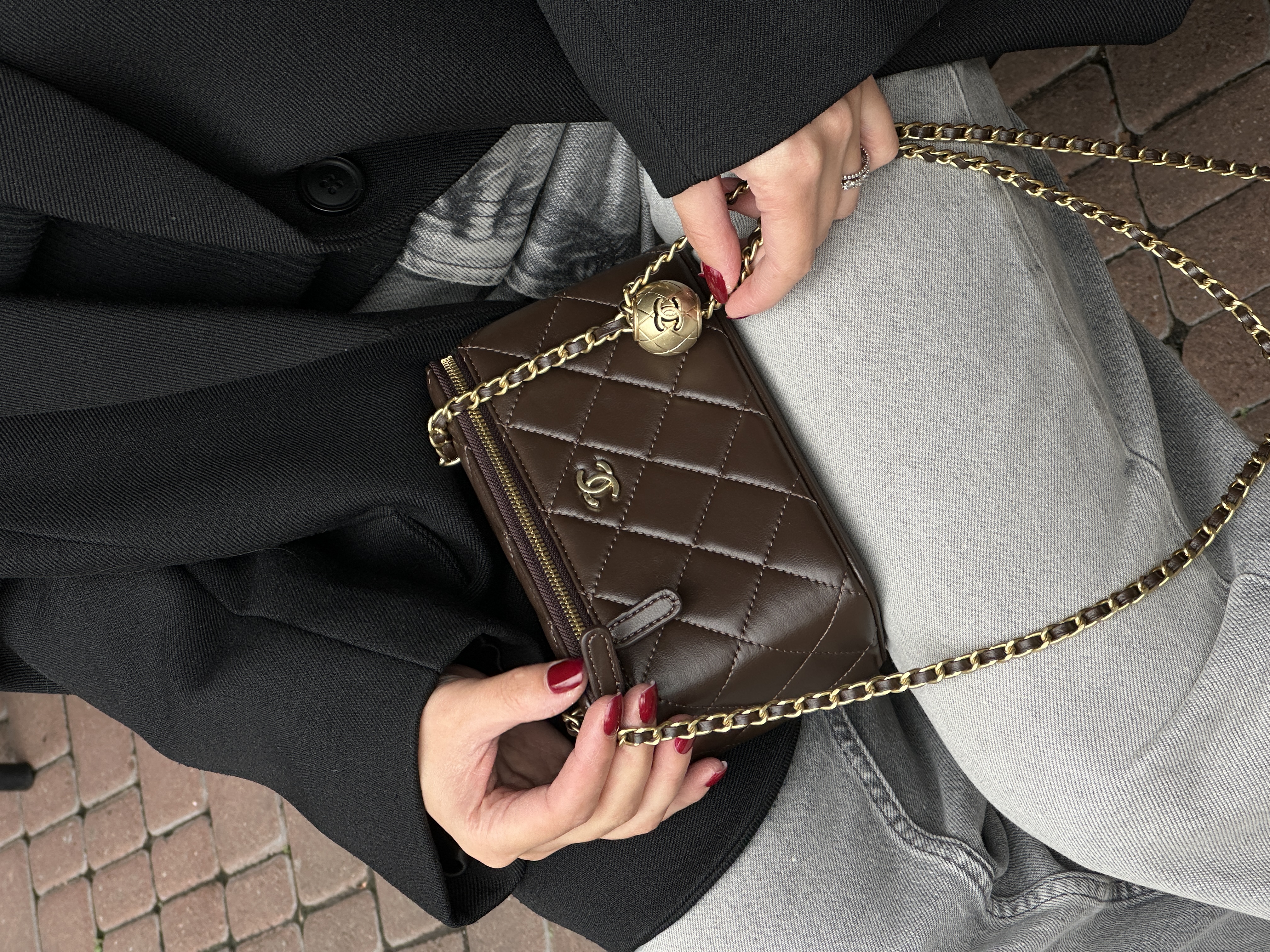 Chanel Classic Brown Lambskin Pearl Crush Vanity Bag Gold