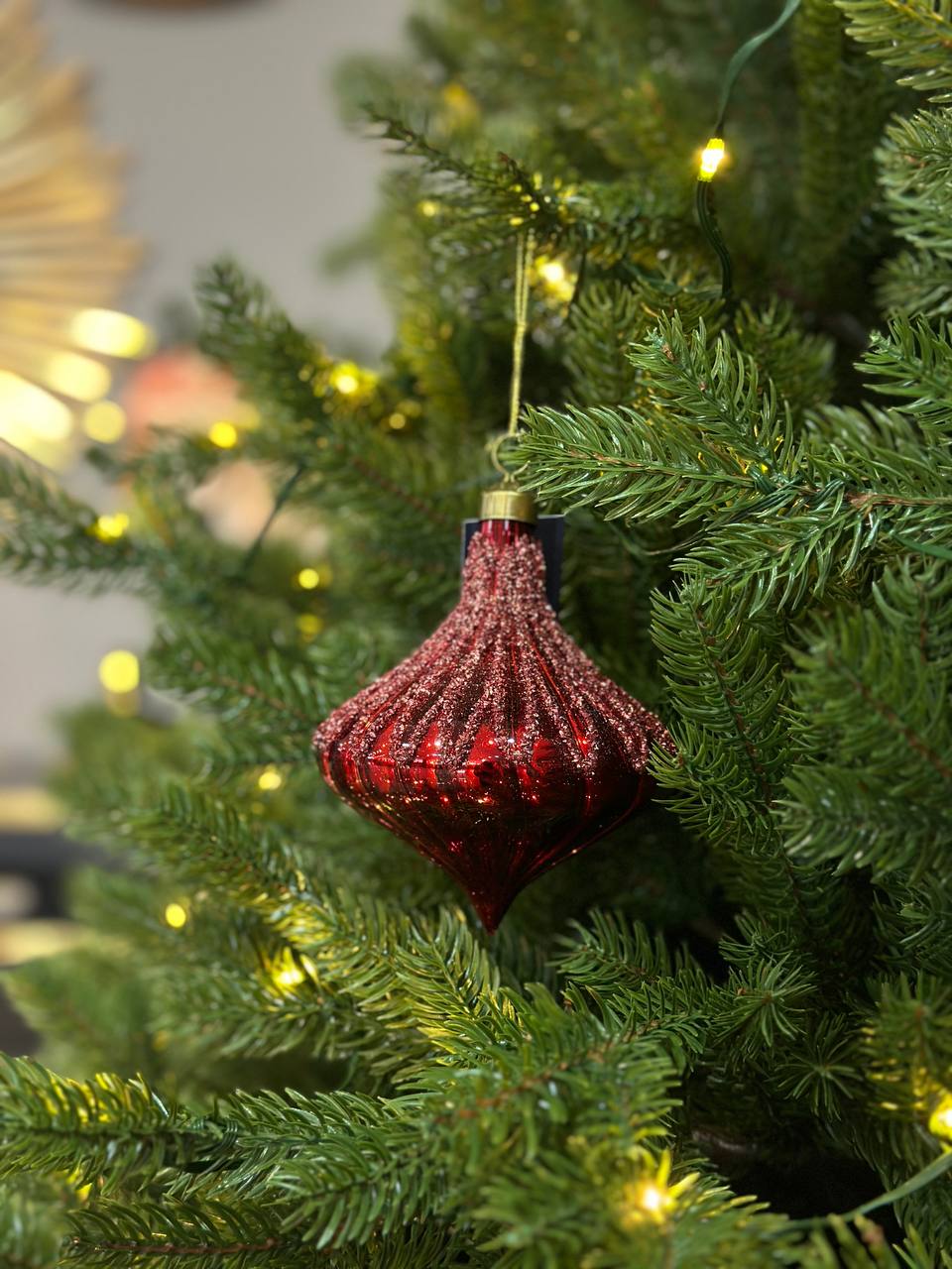 Ялинкова прикраса зі скла з гліттером 10 см, колір - бордо