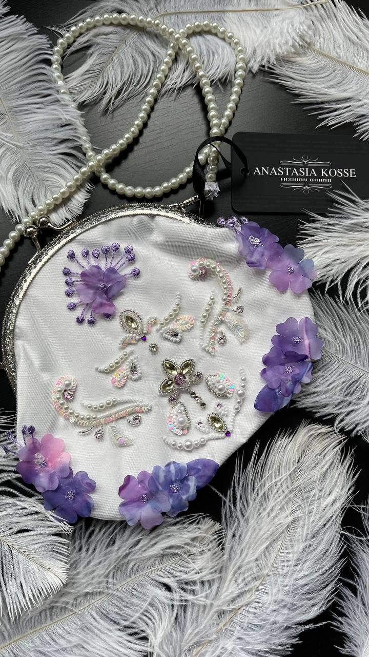 White and Purple Embroidered Clutch “Floretta”