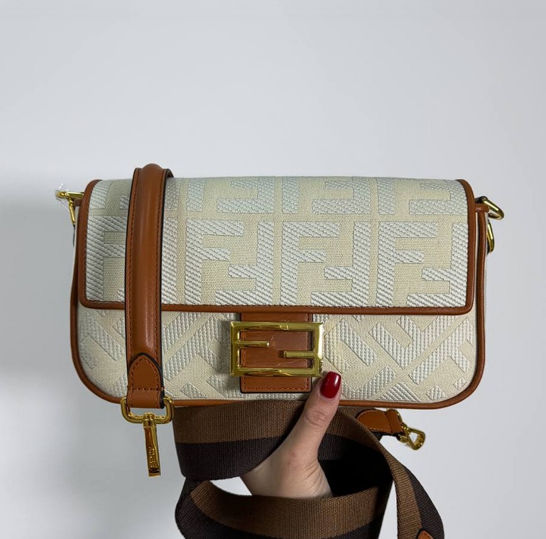 Fendi Baguette FF Embossed Cream / Brown Bag
