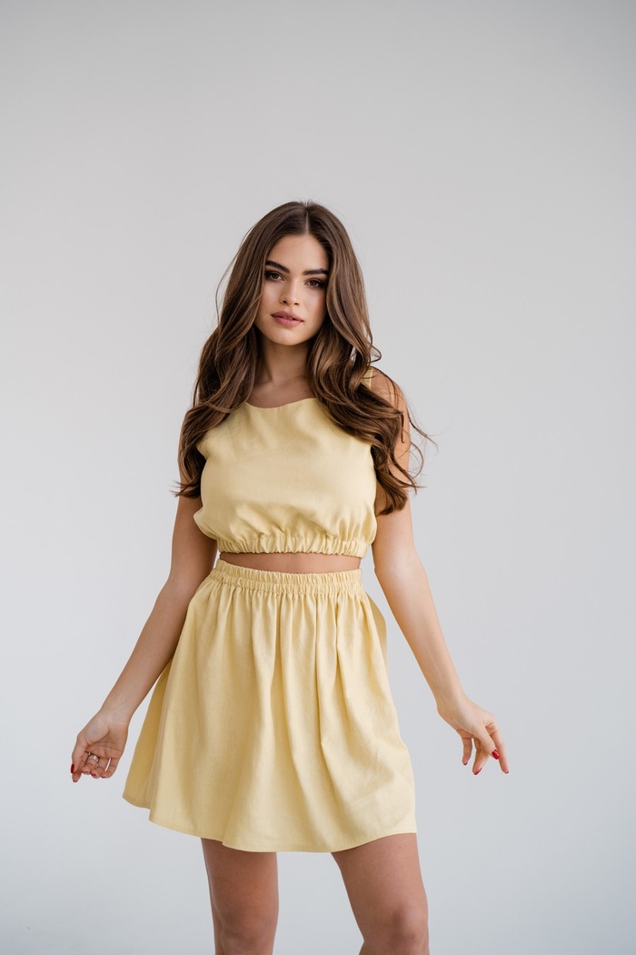Літній лляний костюм топ + міні спідниця - Лимонний IWOMAN