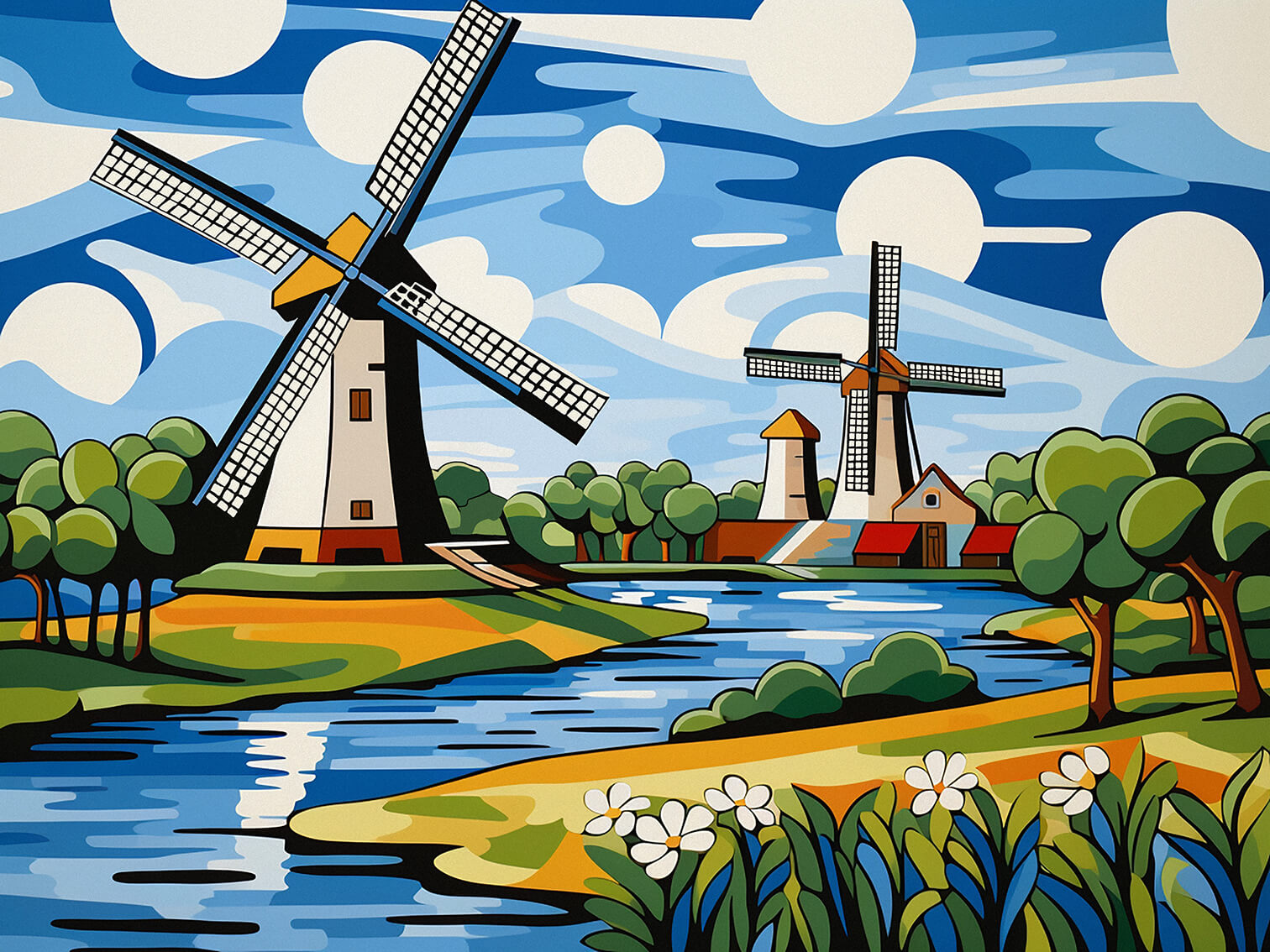 River with windmills, 60x80 cm, original acrylic painting on canvas