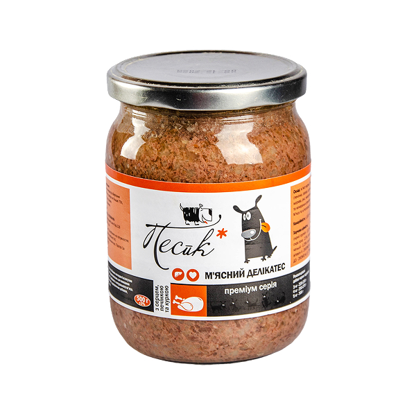 Консерви ПЕСиК д/собак м'ясні делікатеси з серцем, печінкою та куркою 500г