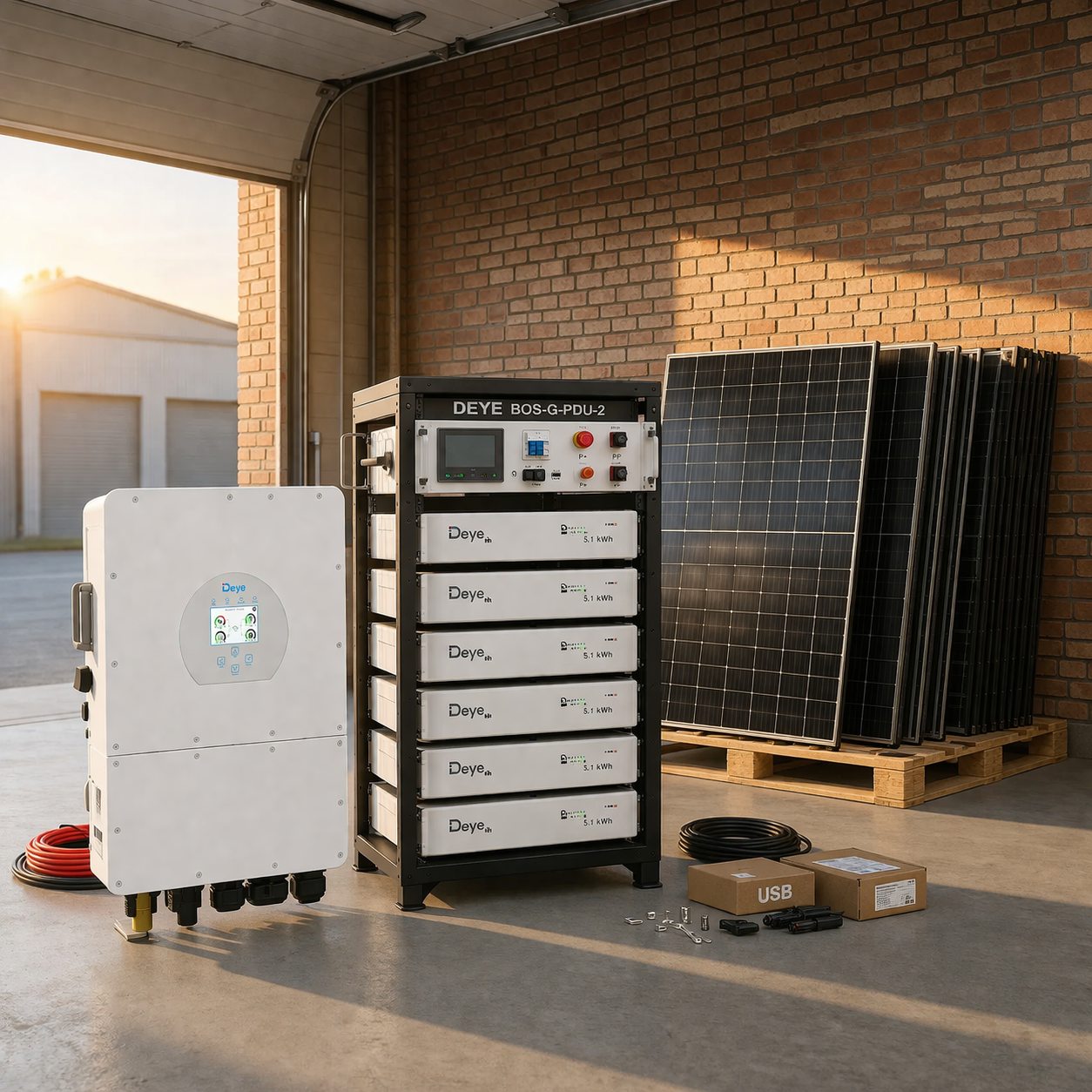 Трифазна високовольтна сонячна електростанція 30 кВт: Deye SUN-30K-SG02HP3-AM2 + Блок керування акумуляторами (PDU) Deye BOS-G-PDU-2 +6 Акумуляторних батарей (модуль) Deye BOS-G Pro (5.12 кВт*год, HV) + 49 панелей Jetion 620W