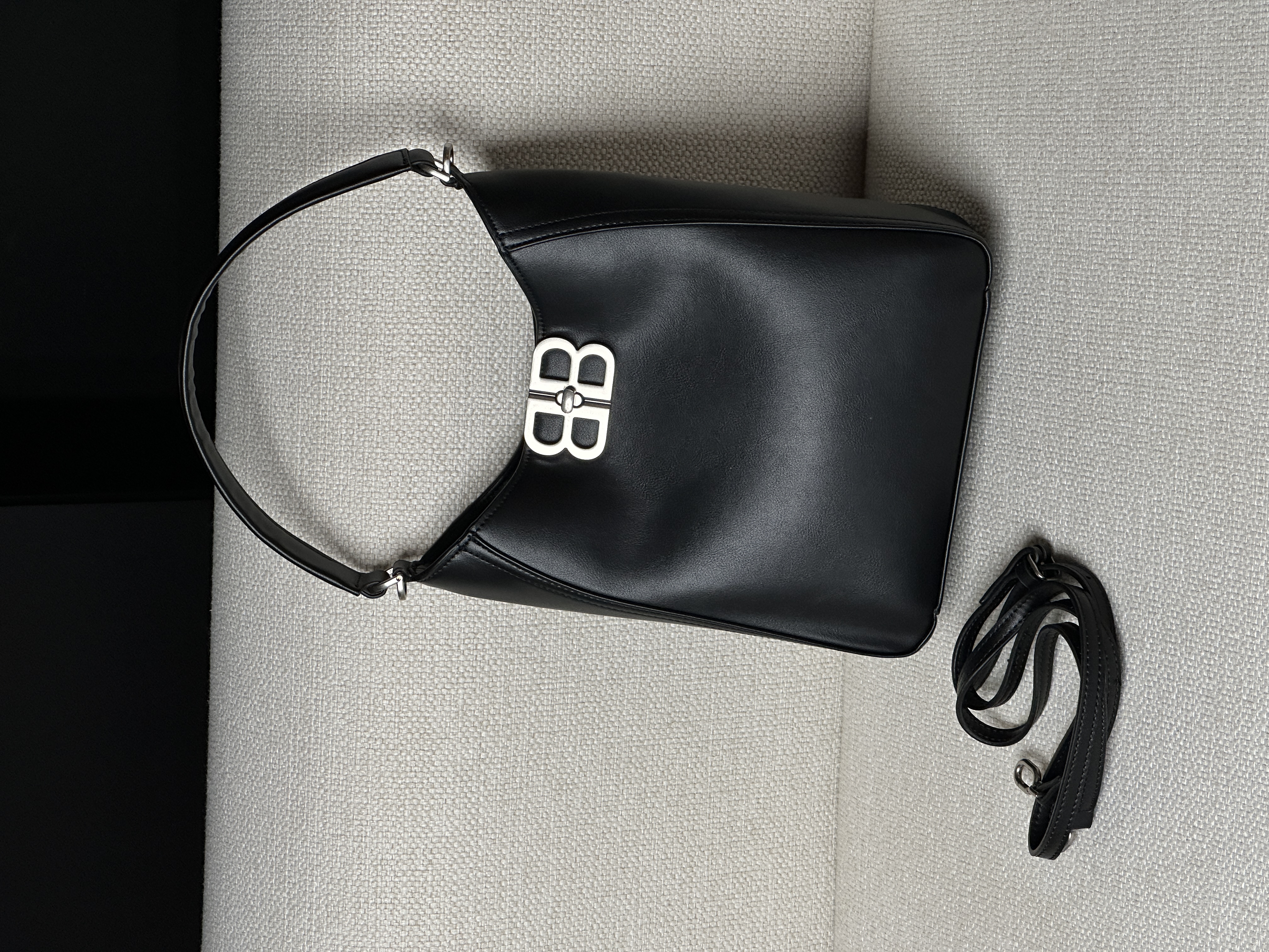 Balenciaga Soft Hobo Bag in Black Peach Calfskin, aged-silver hardware