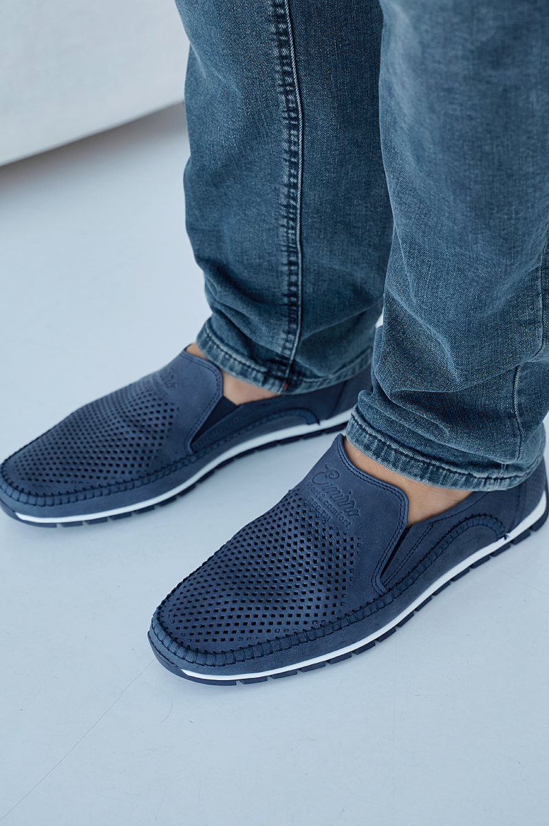 Чоловічі мокасини шкіряні літні сині перфорація