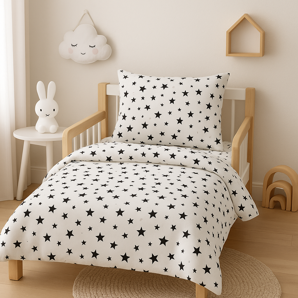 Дитяча постільна білизна ранфорс прінт  "Чорні зірки на білому"