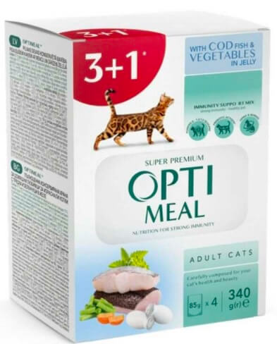 Оптіміл Акція Набір паучі  для дорослих котів з тріскою та овочами в желе (3+1)