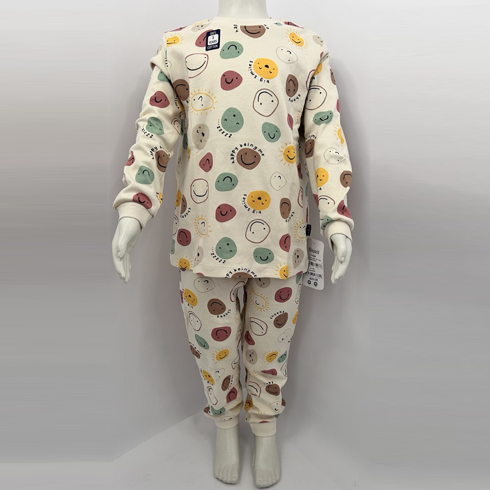 Піжама дитяча кольору шампань зі смайликами – унісекс комплект з довгим рукавом і штанами, 100% бавовна