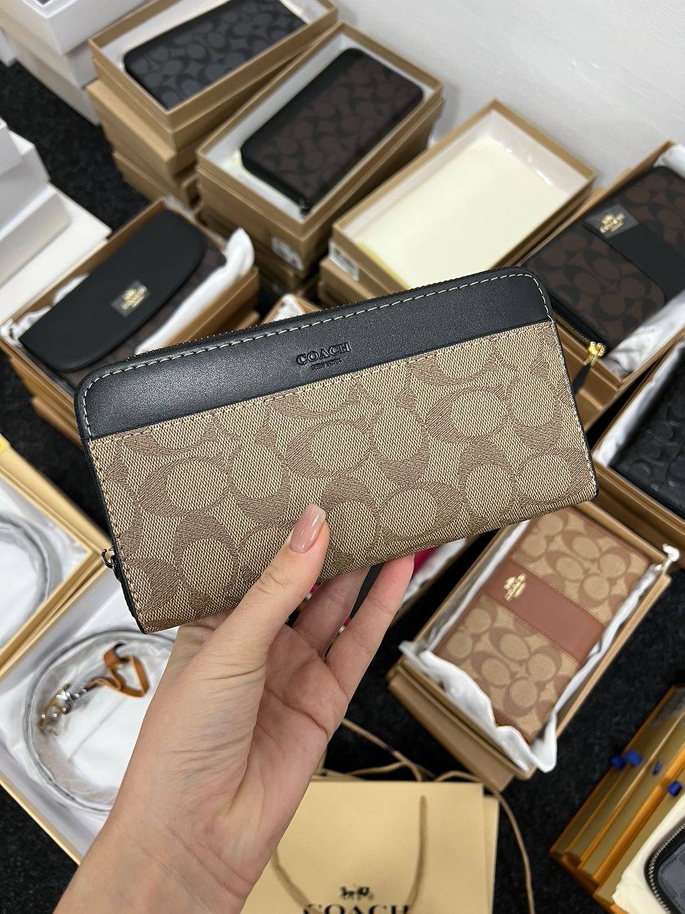 Coach Accordion Wallet In Signature Canvas Beige