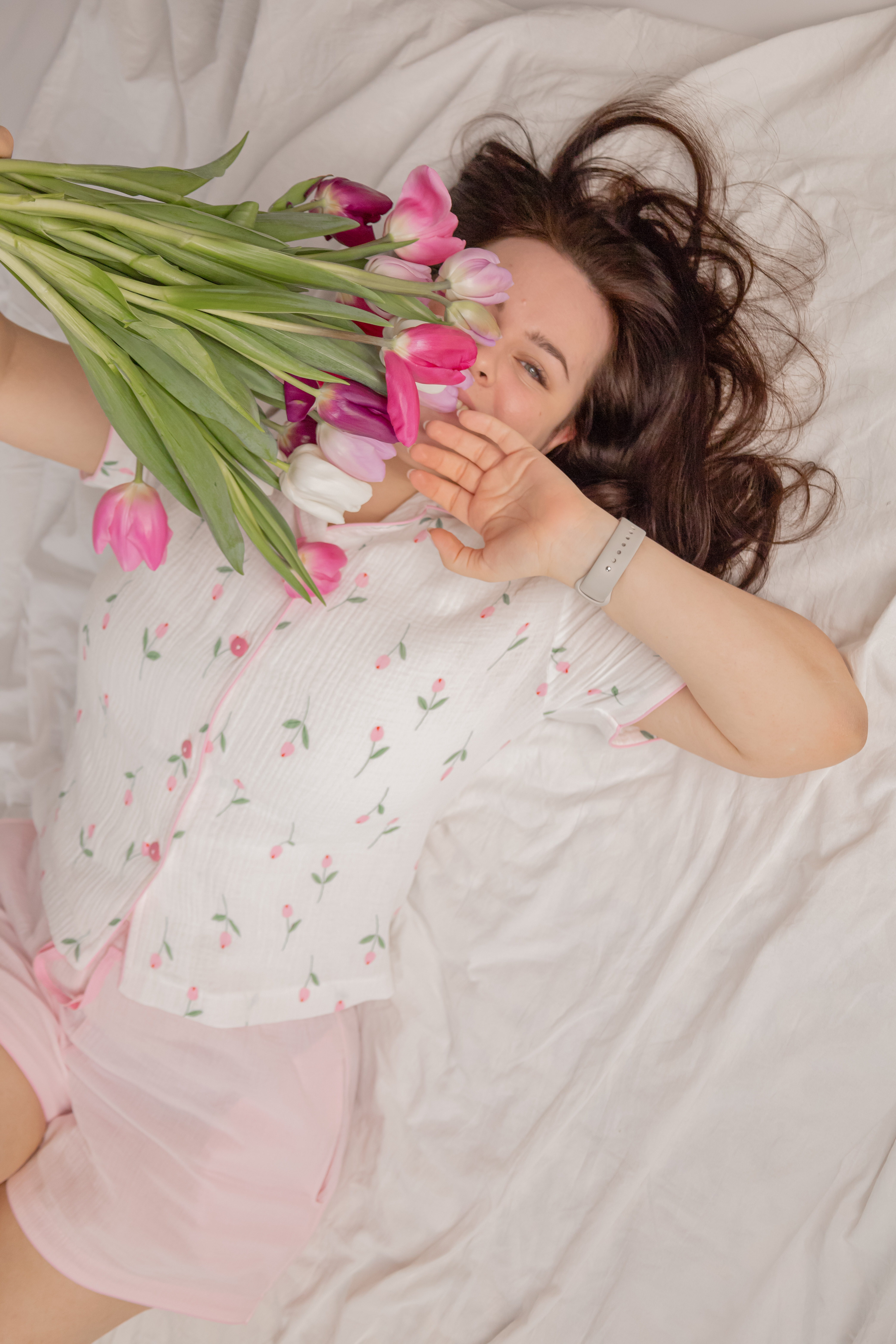 Сорочка + шорти +майка молочна "Рожеві тюльпани"  муслін
