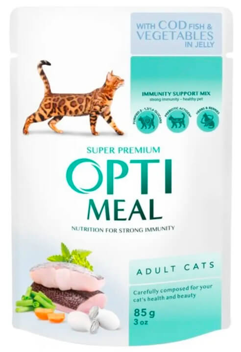 Оптіміл пауч для дорослих котів з тріскою та овочами в желе, 85гр.
