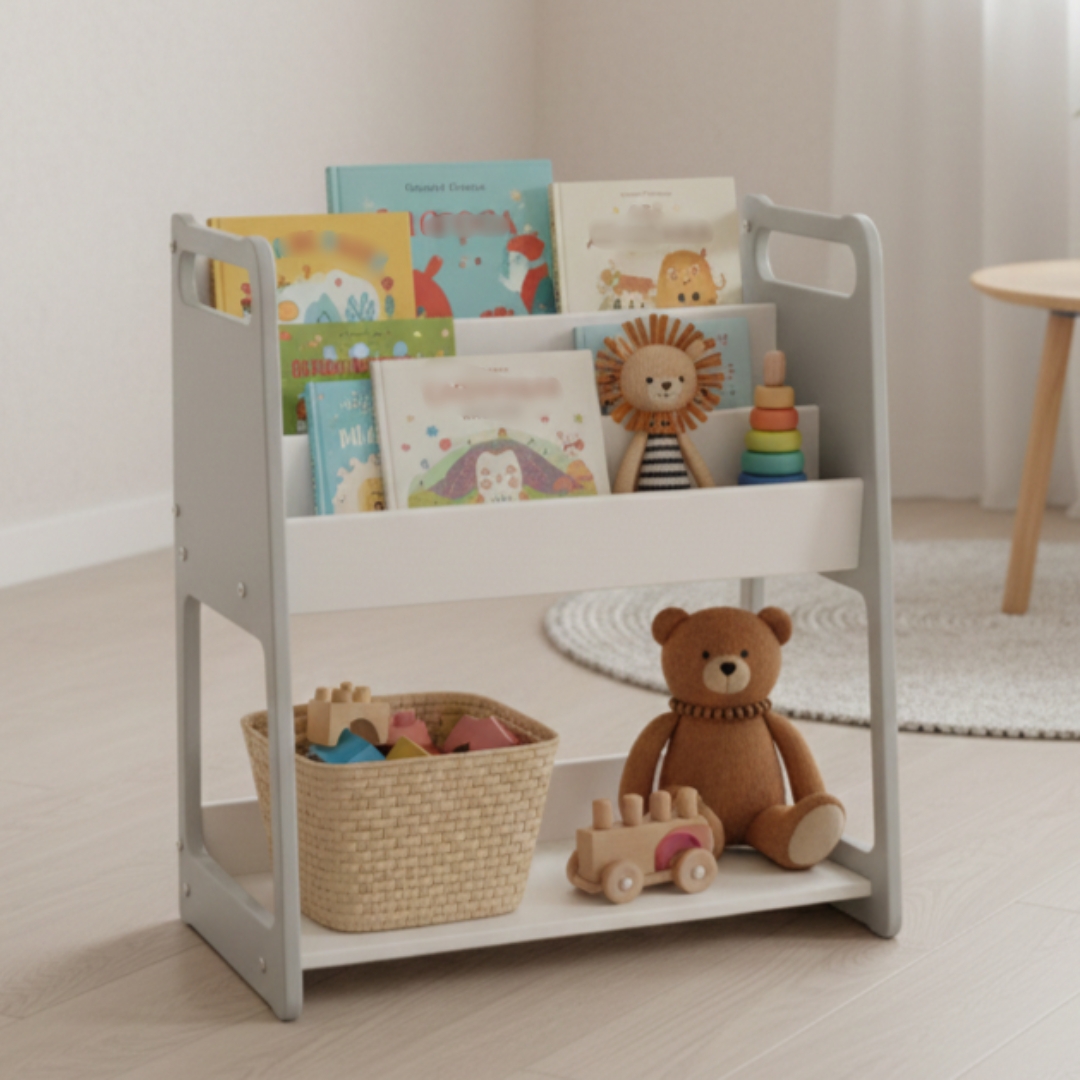 Дитячий стелаж дизайнерський Монтессорі для іграшок та книжок дерев'яний Кубі - світло-сірий/білий