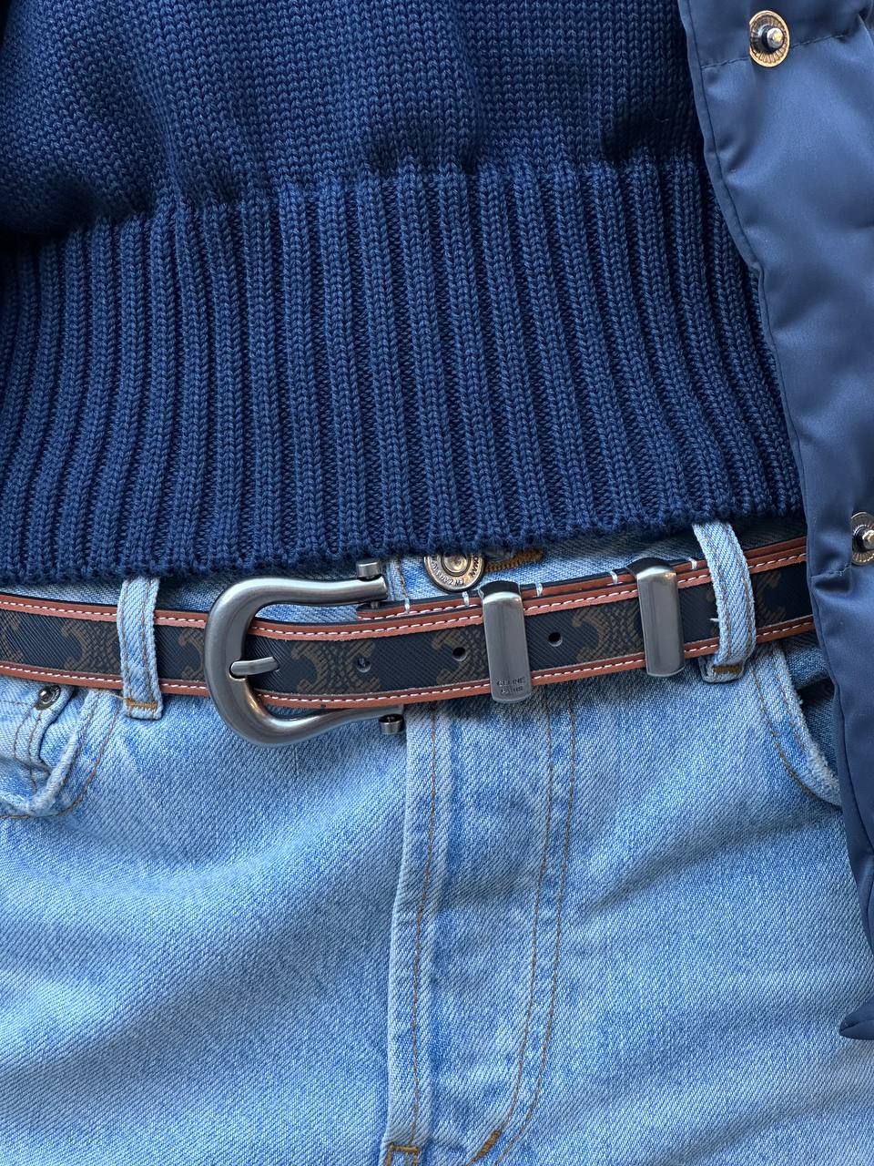 Celine Western Belt in Triomphe Canvas and Calfskin / Silver