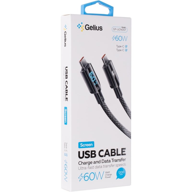 Кабель USB Gelius Screen GP-UCN007 Type-C to Type-C (1.2m) (60W) Black