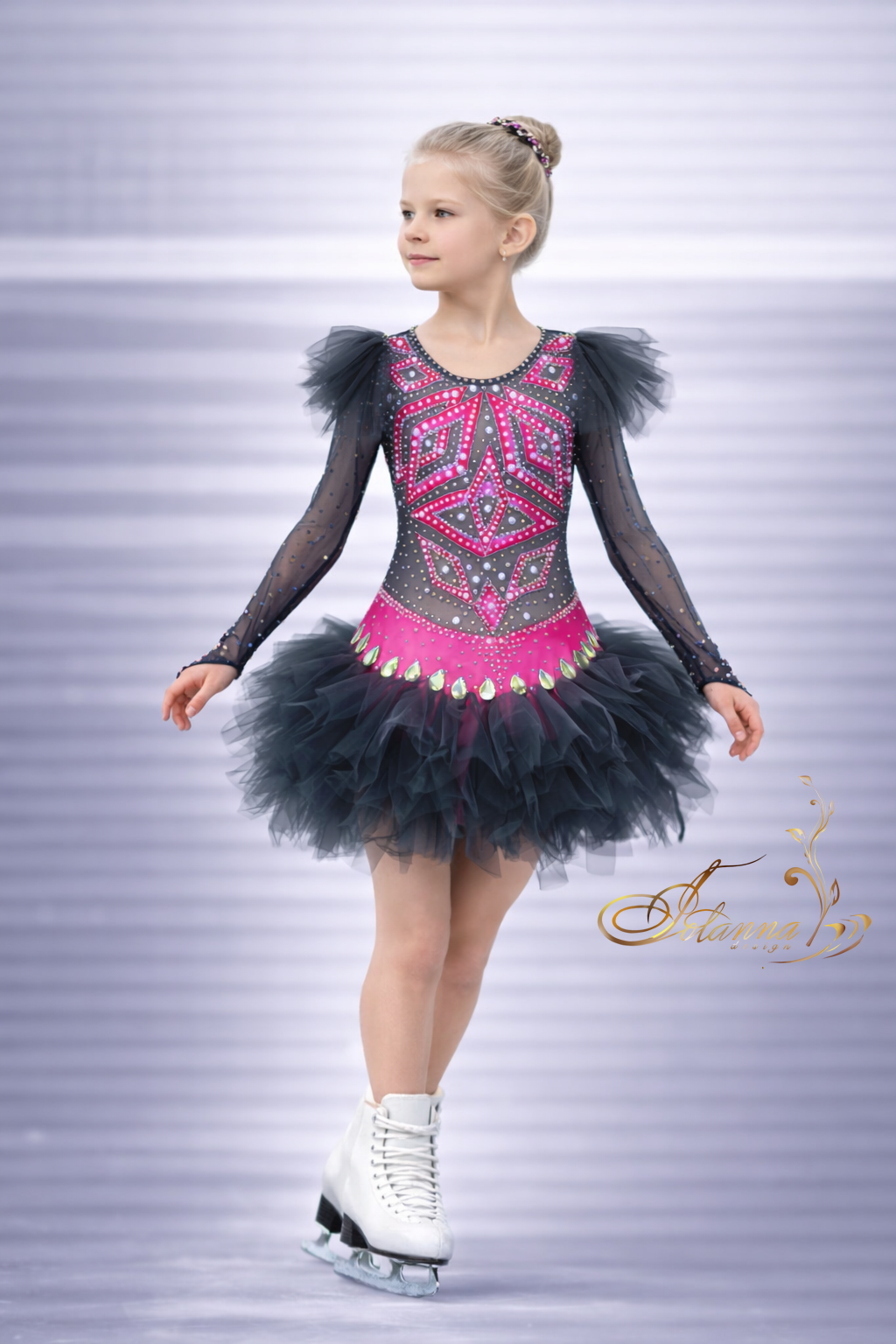 Mesmerizing Grey-Pink Geometric Ice Skating Dress